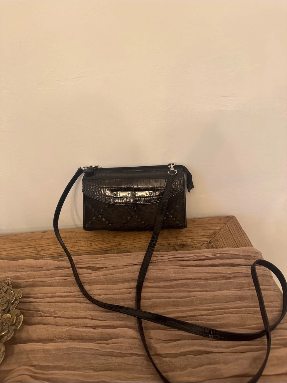 Vintage  Brighton Black Leather & Haircalf Crossbody with Silver Hardware